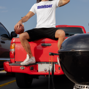 DOOMSD4Y in Navy ON WHITE SHIRT