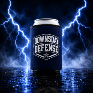 Downsday Defense Navy Blue Koozie or Can Cooler shield design